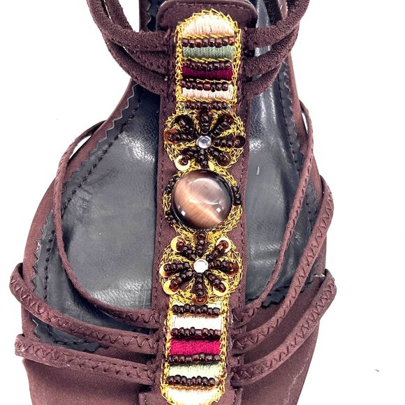 Apostrophe Reggae Embellished Brown Strappy Heels Shoe Womens 7.5M Beaded Detail - Picture 12 of 13